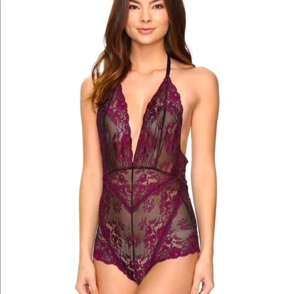 Free People Too Cute to Handle Teddy Bodysuit Lace Lingerie Black Fuchsia Medium - Picture 1 of 7